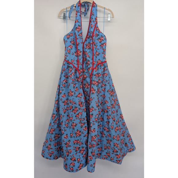 NWT Anthropologie Halter V-Neck Fit & Flare Midi Dress Sz XL Blue Floral #8E513 - Picture 2 of 11